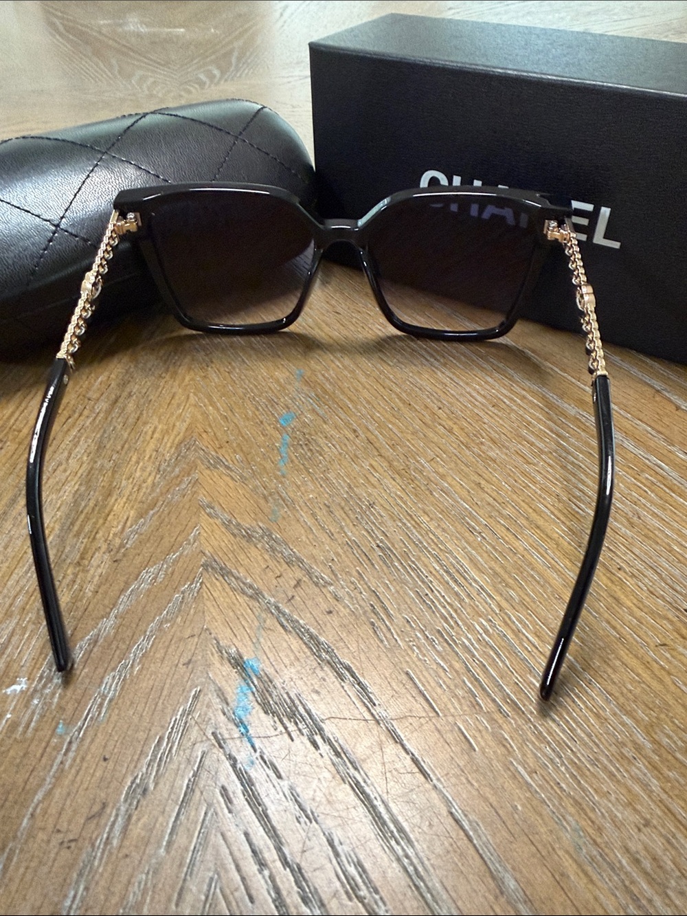 CHANEL Black & Gold Leather Square Gradient Sunglasses with Gold Logos - Picture 10 of 10